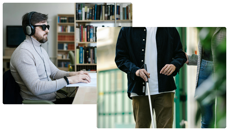 kolaż dwóch zdjęć, na pierwszym zdjęciu widać mężczyznę
                z brodą w ciemnych okularach i długim golfie czytającego dokument napisany językiem braille'a.
                Na drugim zdjęciu widać mężczyznę z laską dla niewidomych oraz drugą osobę pomagającą w nawigacji.